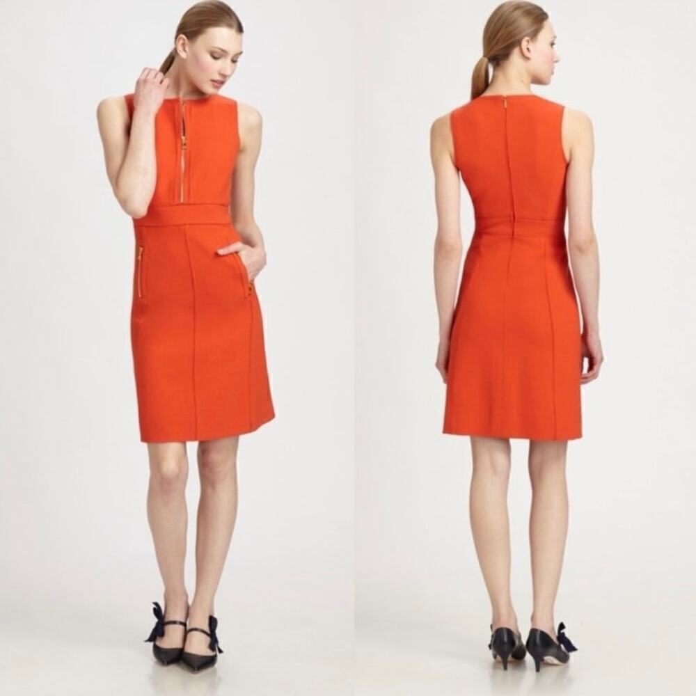Tory Burch Mariel Orange Sleeveless Fitted Sheath Dress Size 14 Gold Zippers